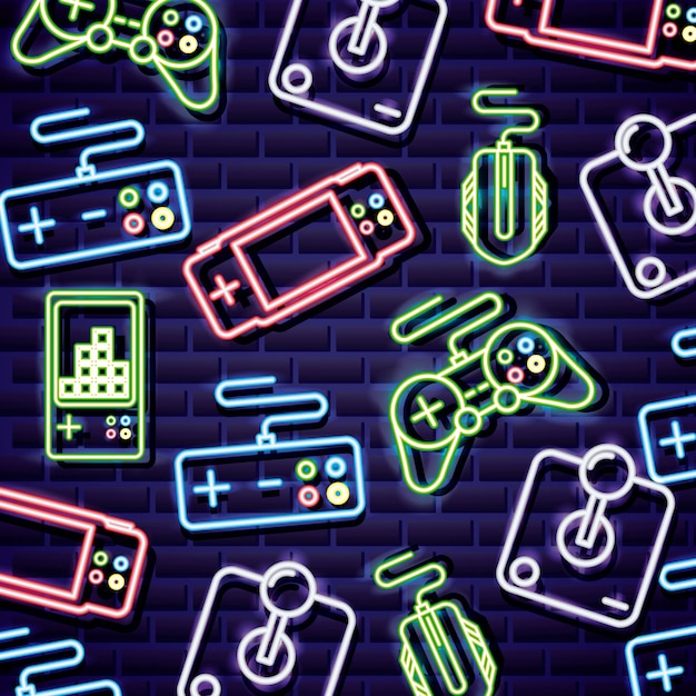 Vettore gratuito controlli di videogiochi in stile neon sul muro di mattoni