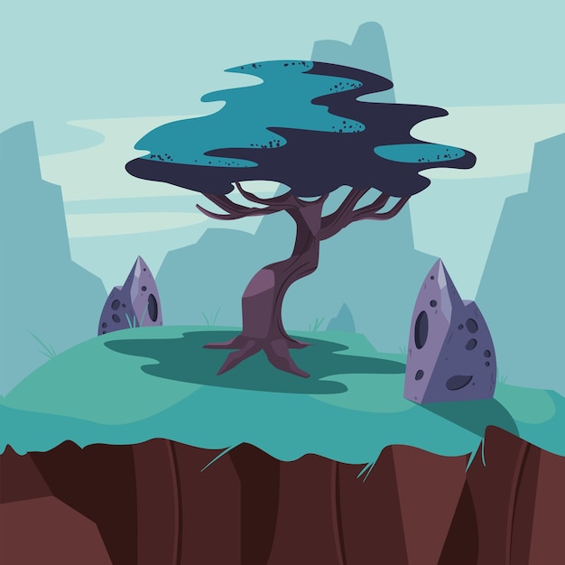 video game land card with tree and rocks