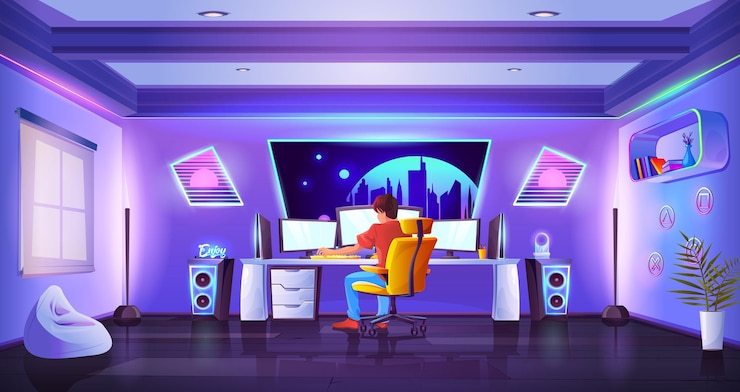 Free Vector video gamer teen room vector cartoon background