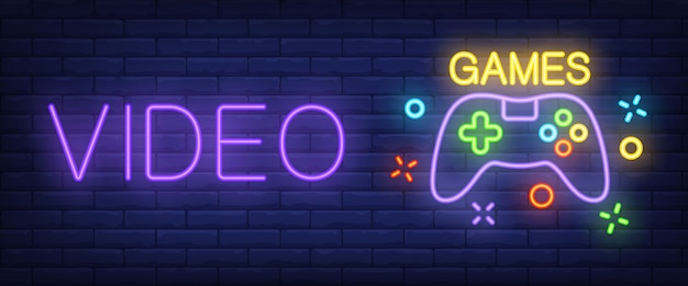 Video games neon text with controller