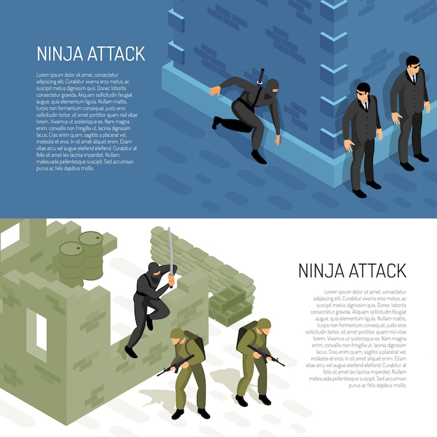 Il guerriero del carattere del ninja dei videogiochi attacca i soldati e gli agenti civili, illustrazione isometrica orizzontale di vettore delle insegne