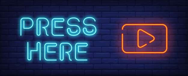 Free vector video play neon style banner. press here text and start button on brick background.