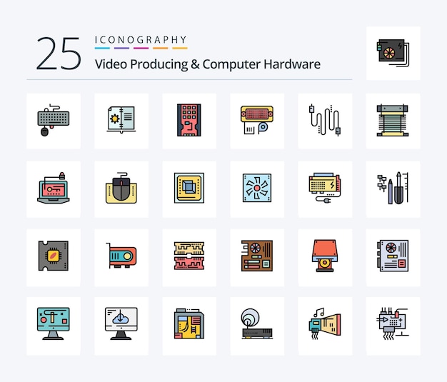 Video producing and computer hardware 25 line filled icon pack including input connection instruction adapter solid