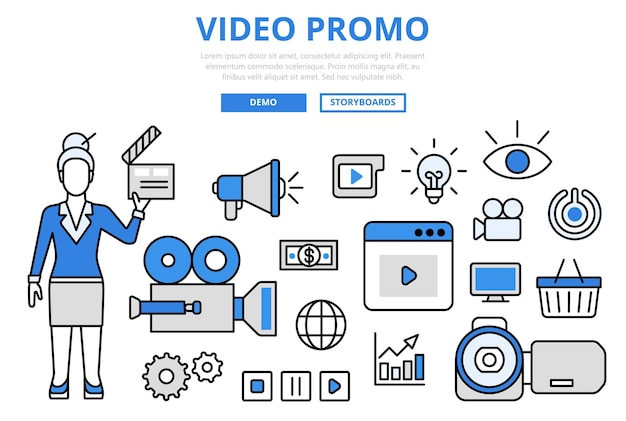 Video promo digital marketing promotion technology concept flat line art  icons.