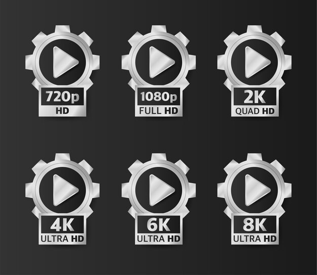 黒の背景にシルバーカラーのビデオ品質バッジ Hd フルhd 2k 4k 6k 8k プレミアムベクター