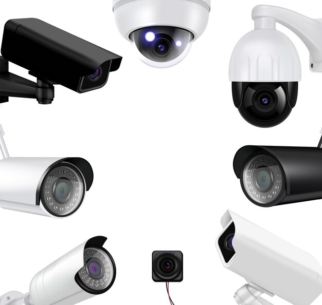 Video surveillance security cameras realistic composition black and white cameras form a circle illustration