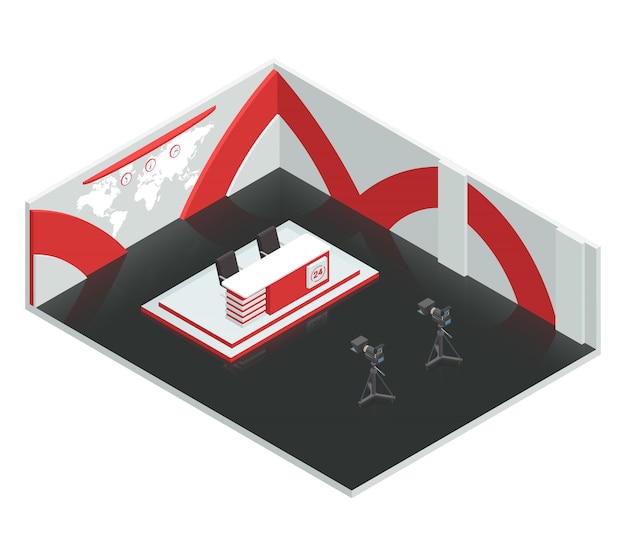 Video tv broadcast studio isometric interior composition with live news room environment newscasters