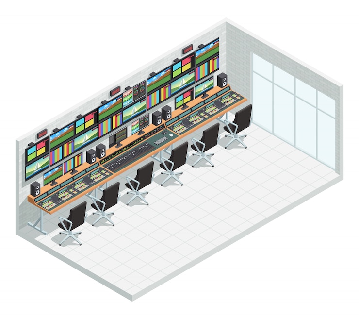 Free Vector video tv broadcast studio isometric interior composition with television production facility control