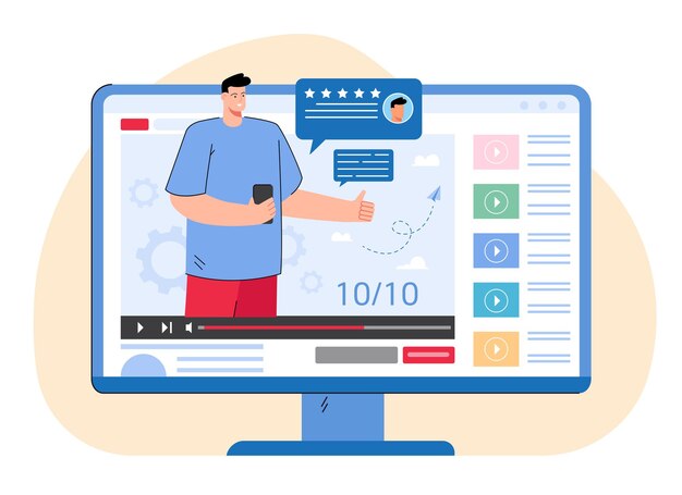 スマートフォンのレビューをしているブロガーとのビデオ。彼のチャンネルフラットベクトルイラストのvlogで電話をお勧めする男。広告、バナーの技術コンセプト、ウェブサイトのデザインまたはランディングウェブページ