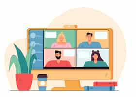 Free vector videoconference with happy people on desktop flat illustration