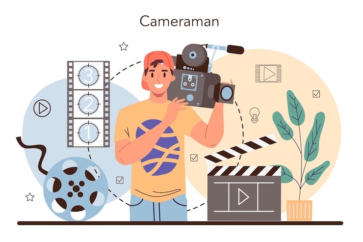 Free Vector videographer concept video production filming and editing cameraman or motion designer making visual content for media with special equipment flat vector illustration