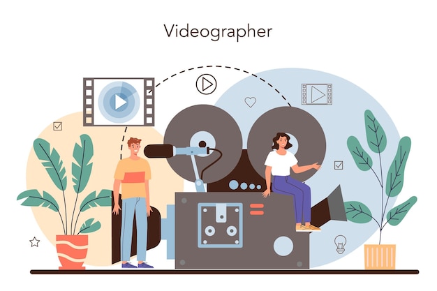 Videographer concept video production filming and editing cameraman or motion designer making visual content for media with special equipment flat vector illustration