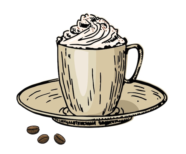 Viennese coffee coffee with cream in a cup and coffee beans caffe latte whipped cream cap