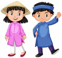 Free vector vietnam boy and girl in tradition outfit