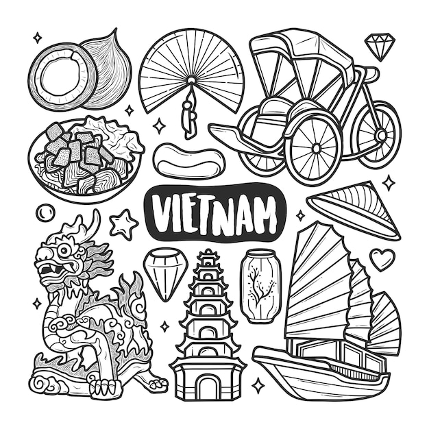 Free vector vietnam icons hand drawn doodle coloring