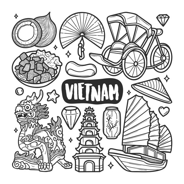 Vietnam icons hand drawn doodle coloring