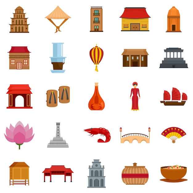 Vietnam travel tourism icons set flat style