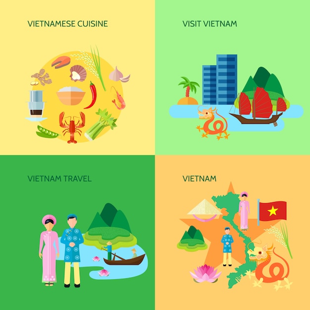무료 벡터 여행자를위한 베트남 국가 요리 문화 및 관광