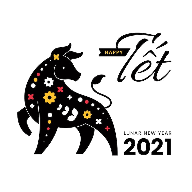 Free vector vietnamese new year bull with flowers