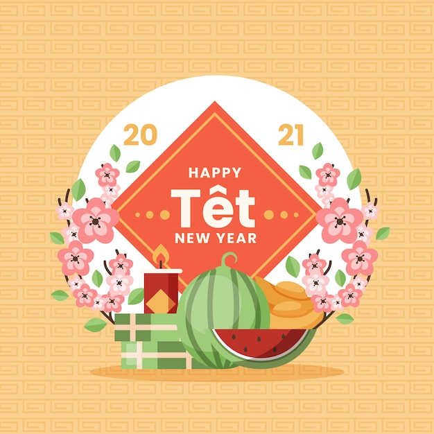Vietnamese new year watermelon and flowers Free Vector