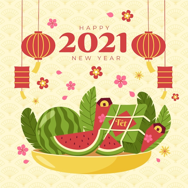 Vietnamese new year watermelon hand drawn Free Vector