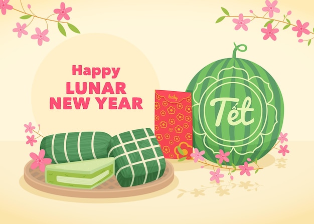 Vietnamese new year with watermelon Free Vector