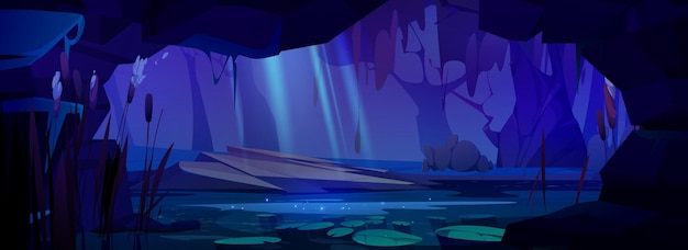 Vettore gratuito vista dall'interno della grotta sulla foresta notturna con palude