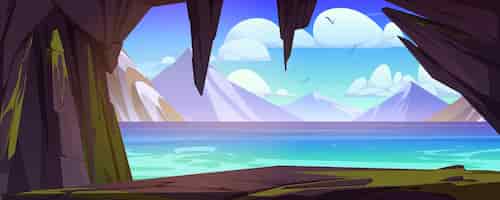 Free vector view from mountain cave at with blue lake