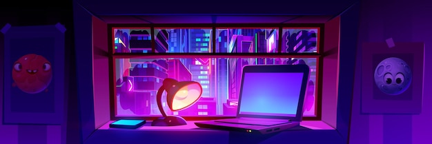 Free vector view on night city with neon glow through window