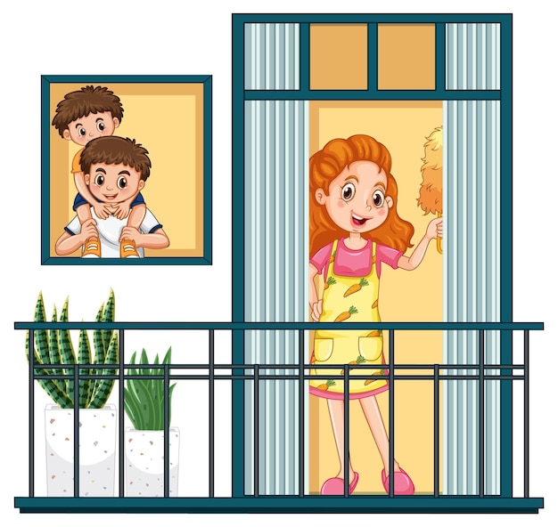 Free vector view through the window balcony of happy family