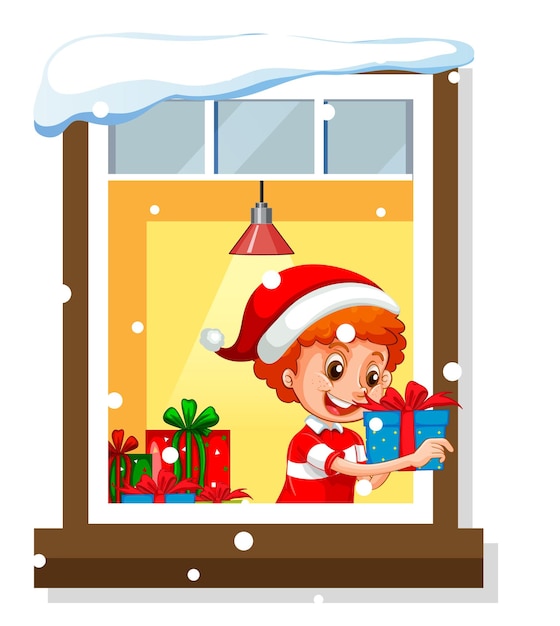 View through the window of a boy holding present in Christmas th