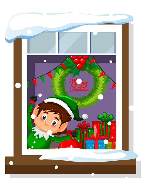 View through the window of cartoon character in Christmas theme