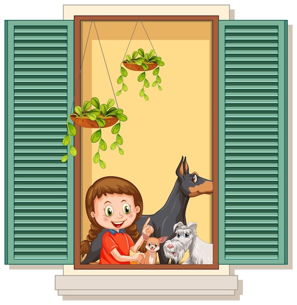 Free vector view through the window of girl cartoon character