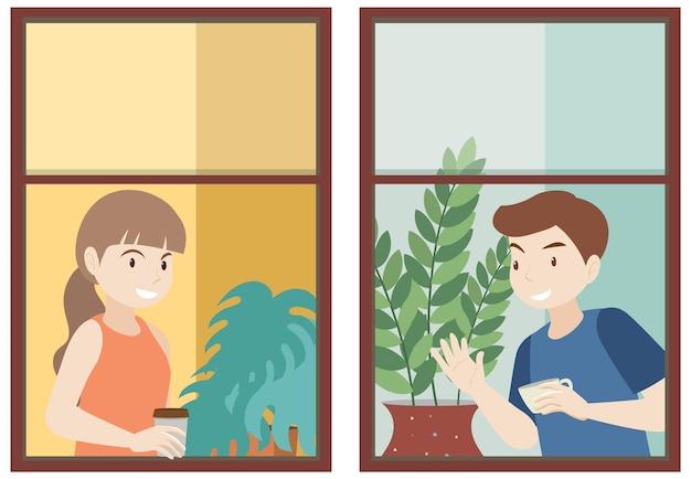 Free vector view through the window of people in flat design