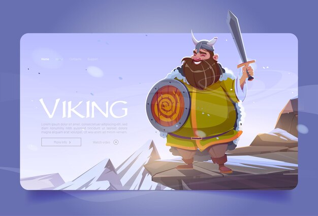 Знамя викингов с древним скандинавским воином на горе. Векторная целевая страница с карикатурой средневекового варвара в рогатом шлеме, с мечом и деревянным щитом с эмблемой змеи