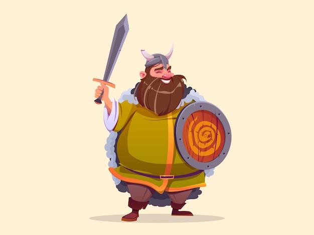 Viking character, ancient scandinavian warrior with sword and wooden shield with snake emblem. vector cartoon illustration of medieval barbarian in horned helmet isolated on background