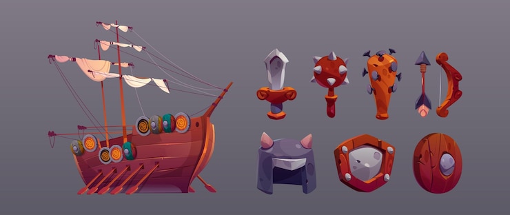 Free Vector viking game icons medieval battle ship armor