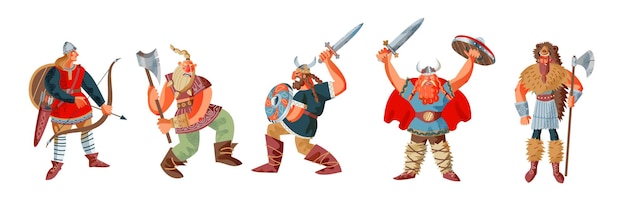 Free vector viking men with weapons set medieval norway people fighting angry men with arrows bow axe sword shield and in armour standing isolated on white background