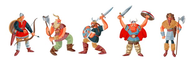 武器を持ったバイキングの男性は、矢で怒っている男性と戦う中世のノルウェーの人々が斧の剣の盾を弓で囲み、白い背景に孤立して立っている鎧を身に着けています