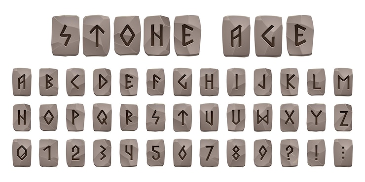 Free Vector viking runes stone age alphabet celtic font with ancient runic signs on grey rock pieces abc nordic ...