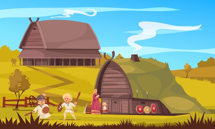 Free Vector vikings culture settlement family life traditions kids playing outdoor fighting