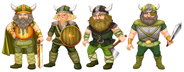 Викинги в зеленом костюме с оружием