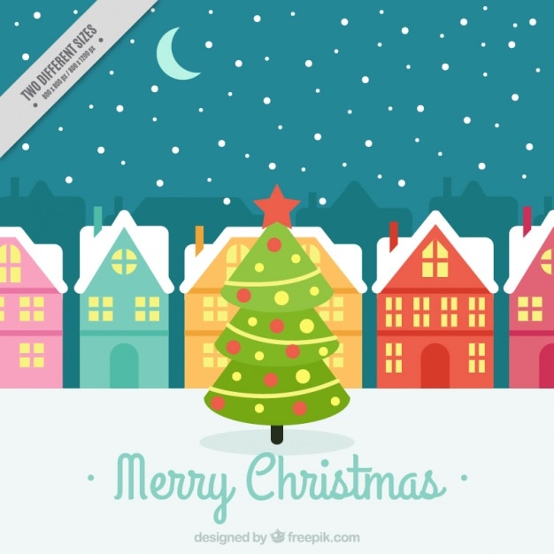 Village background with christmas tree