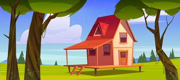 village house on hill with green grass and trees. vector cartoon illustration of summer or spring landscape of countryside with small wooden cottage with porch and garden
