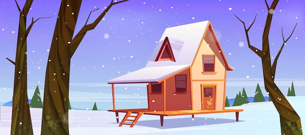 Free vector village house on hill with snow in winter