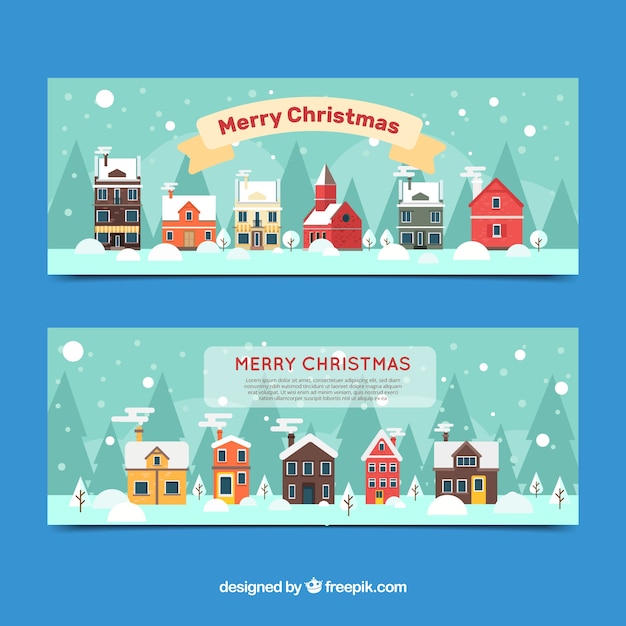 Free vector village on a snowy day set of banners