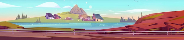 Free vector village with houses sleeping volcano river road
