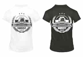 Free vector vintage agricultural industry prints template with lettering harvesting machine and wheat ears on shirts isolated