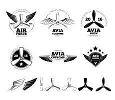 Vintage airplane labels, emblems and symbols set. aviation stamp, wing flight, propeller vector illustration