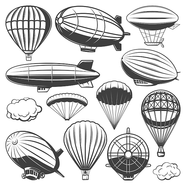 Collezione vintage di dirigibili con nuvole di mongolfiere e dirigibili di diversi tipi isolati
